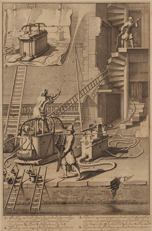 Jan van der Heyden, Oude brandspuiten en nieuwe slangbrandspuiten 1690, Amsterdam Museum. Licentie: Public Domain.